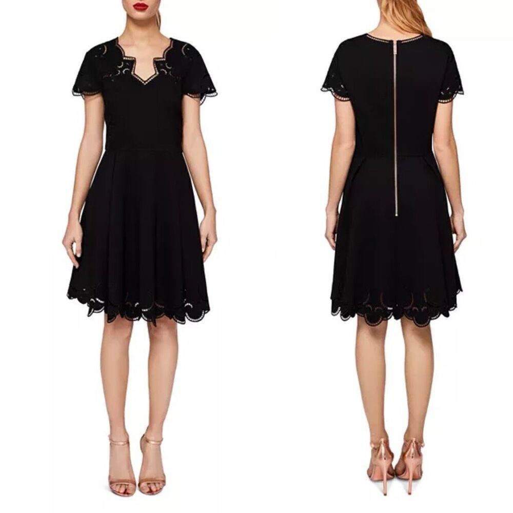 Ted Baker Black Saloane Embroidered Skater Dress Small